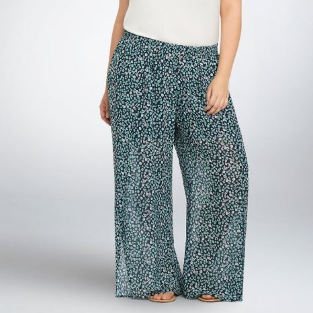 FLORAL CHIFFON SIDE SLIT WIDE PANTS